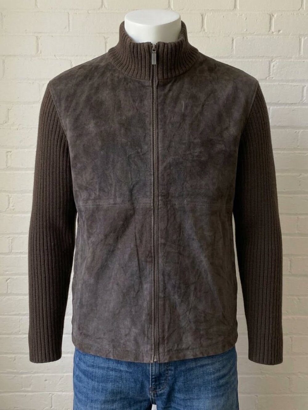Cezani Jacket Suede Leather Hybrid Knit Zip Sweater Brown Menโs L Vintage NEW